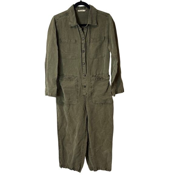 Marine Layer Women's Charlie Utility Jumpsuit Green Linen Blend Medium Wide Leg - Picture 2 of 11